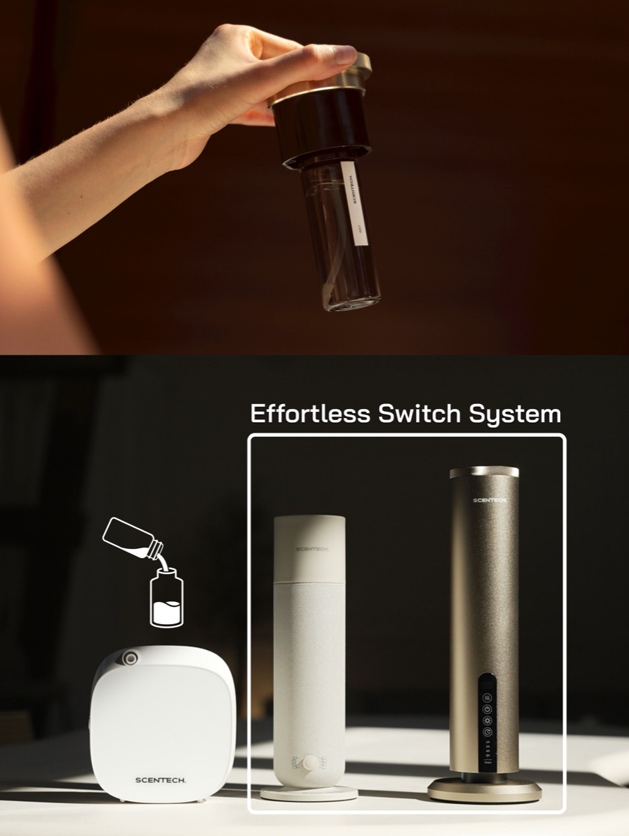 Hand die een ScentPod 2.0 van 65 ml in de bovenkant van een Scentech-diffuser klikt